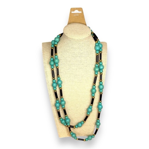 TEAL BLACK WOODEN BEADED NECKLACE TRIBAL GOLD ACCENT SPRING RING - Picture 1 of 7